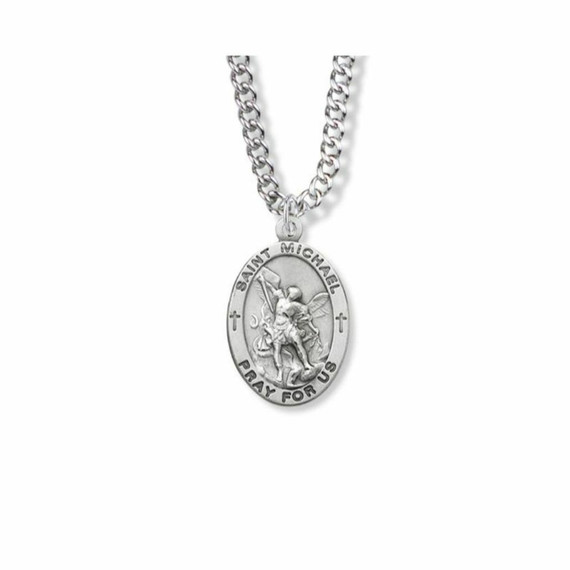 Large St Michael Necklace - Sterling Silver Oval Medal On 24 Stainless Chain SM8844SH