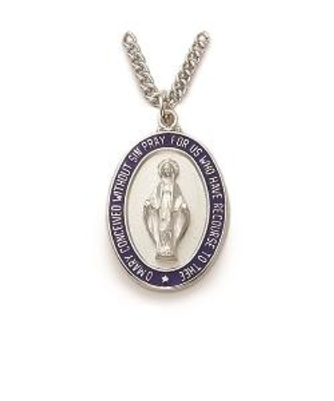 Mens Blue Miraculous Medal Necklace - Sterling Silver Pendant on 24 Stainless Chain SM8034SH