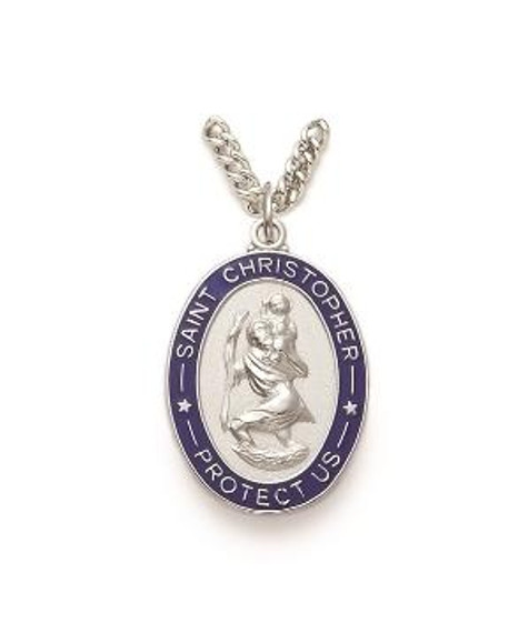 Blue Rimmed St Christopher Necklace - Sterling Silver Medal on 24 Stainless Chain SM8124SH