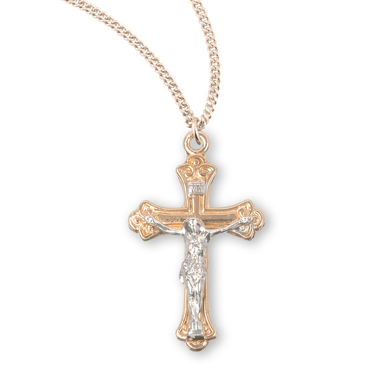 Tapered Two Tone Crucifix Necklace - 16kt Gold Over Sterling Silver Pendant on 18" Stainless Chain