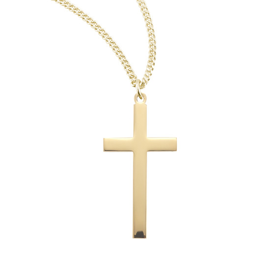 Plain Gold Cross Necklace - 16kt Gold Over Sterling Silver Pendant on 24" Gold-Plated Chain