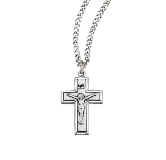 Wide Cross Crucifix Necklace - Sterling Silver Pendant on 18" Stainless Chain