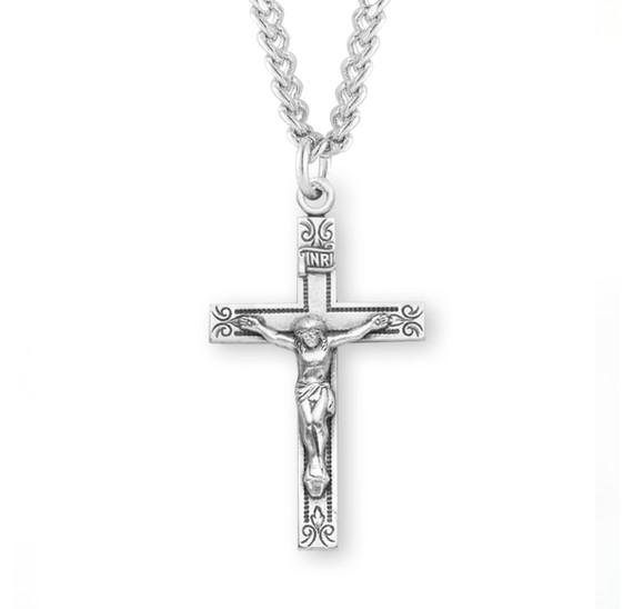 Swirl End Crucifix Necklace - Sterling Silver Pendant on 24" Stainless Chain