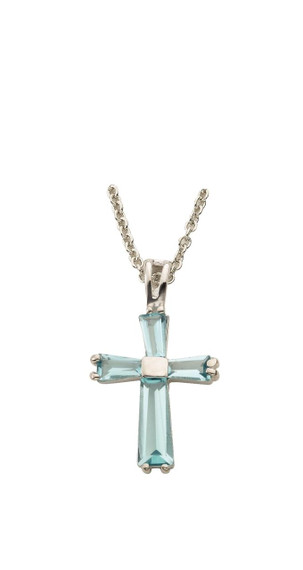 March Lady Birthstone Cross Necklace - Sterling Silver Pendant on 18 Stainless Steel Chain SX9403SH