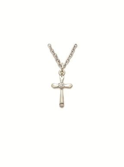 Small Cubic Zirconium Cross Necklace - Sterling Silver Pendant on 16 Stainless Chain SX7959SH