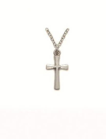 Small Flared Engraved Cross Necklace - Sterling Silver Pendant on 18 Stainless Chain SX8134SH