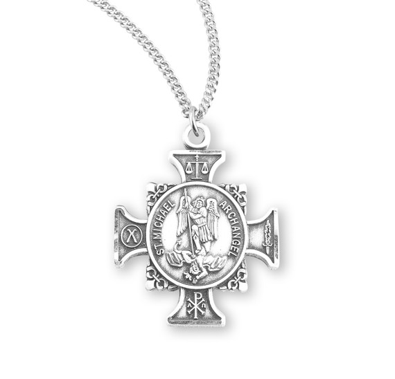 St. Michael Maltese Cross Necklace - Sterling Silver Pendant on 18" Stainless Chain