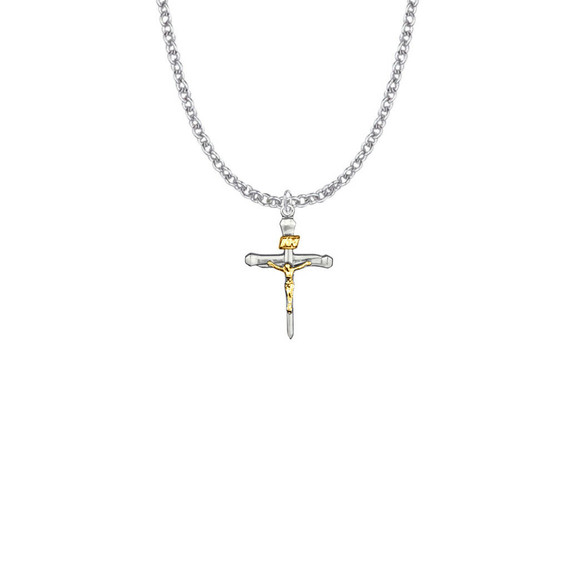 Two-Tone Nail Crucifix Necklace - Sterling Silver Pendant On 18 Stainless Steel Chain SX8077SH