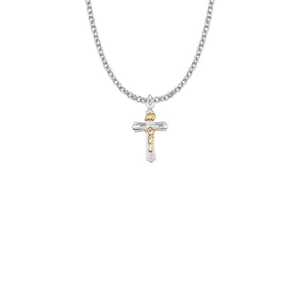Small Two-Tone Crucifix Necklace - Sterling Silver Pendant On 18 Stainless Steel Chain SX8098SH