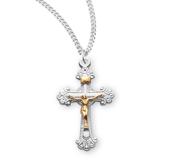 Medium Two-Toned Fancy Engraved Crucifix Necklace - Sterling Silver Pendant on 18" Stainless Chain