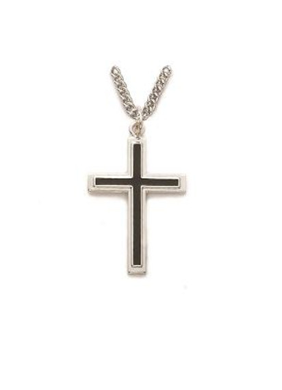 Cross Black Raised Cross Necklace - Sterling Silver Pendant on 24 Stainless Chain SX8110SH