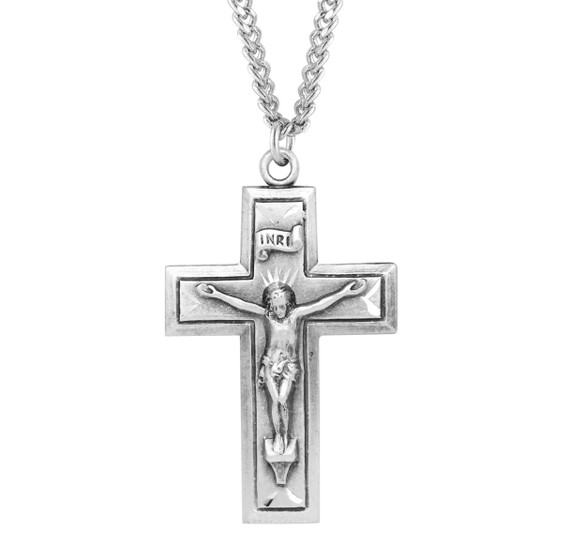 Wide Cross Engraved Crucifix Necklace - Sterling Silver Pendant on 24" Stainless Chain