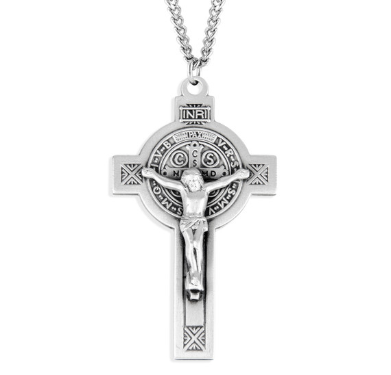 Mens Jubilee St. Benedict  Crucifix Necklace - Sterling Silver Pendant on 24" Stainless Chain