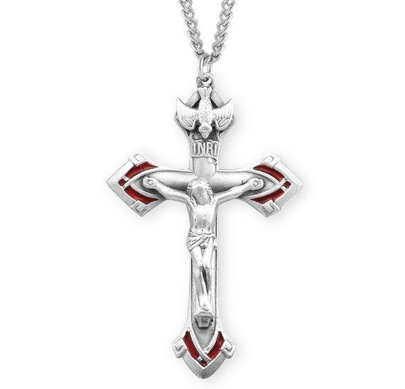 Red Holy Spirit Crucifix Necklace - Sterling Silver Pendant on 24" Stainless Steel Chain