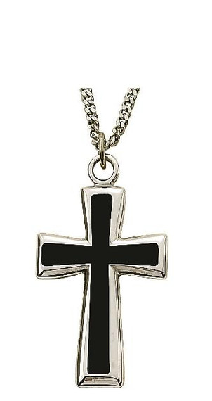 Mens Flared Black Enamel Cross Necklace - Sterling Silver Pendant on 24 Stainless Chain SX9043SH