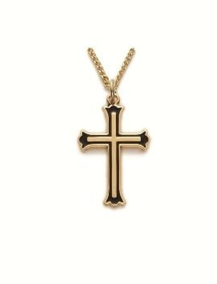 Budded Black Bordered Cross Necklace - 24KT Gold Over Sterling Silver Pendant on 18 Gold Plated Chain SX8120VH