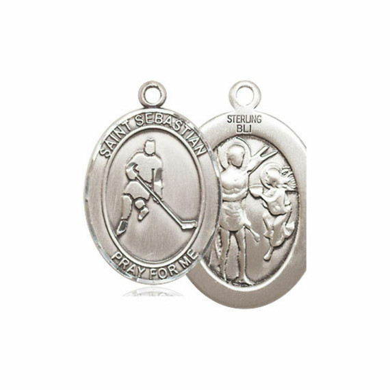 St Sebastian Ice Hockey Medal - Sterling Silver Oval Pendant 3 Sizes