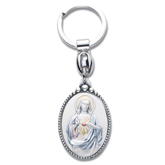 Sacred Heart of Jesus Sterling Silver Inset Key Chain - Gift Boxed