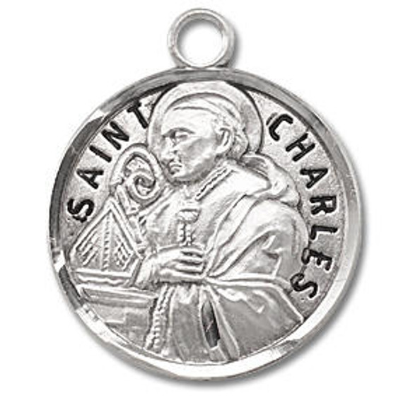 St Charles Medal - Sterling Silver - On 20 Stainless Chain - Sterling Silver 7/8 x 3/4 Round Pendant