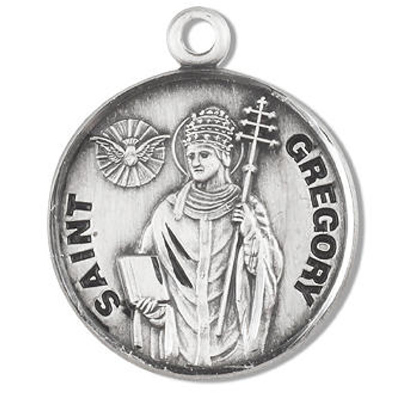 St Gregory Medal - Sterling Silver - On 20 Stainless Chain - Sterling Silver 7/8 x 3/4 Round Pendant