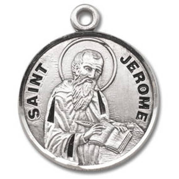 St Jerome Medal - Sterling Silver - On 20 Stainless Chain - Sterling Silver 7/8 x 3/4 Round Pendant