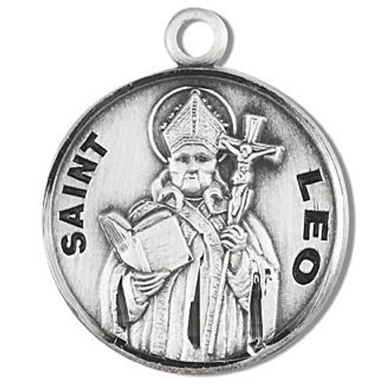 St Leo Medal - Sterling Silver - On 20 Stainless Chain - Sterling Silver 7/8 x 3/4 Round Pendant