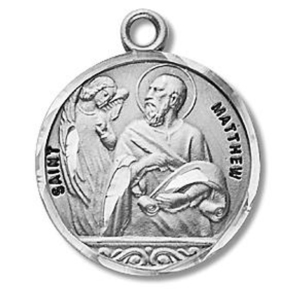 St Matthew Medal - Sterling Silver - On 20 Stainless Chain - Sterling Silver 7/8 x 3/4 Round Pendant