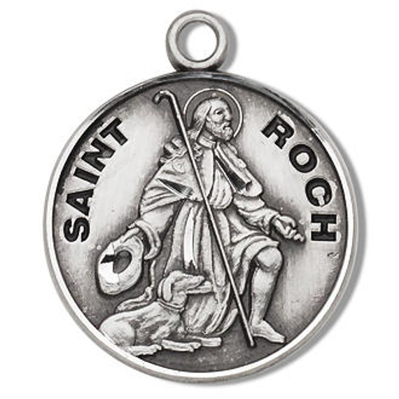 St Roch Medal - Sterling Silver - On 20 Stainless Chain - Sterling Silver 7/8 x 3/4 Round Pendant
