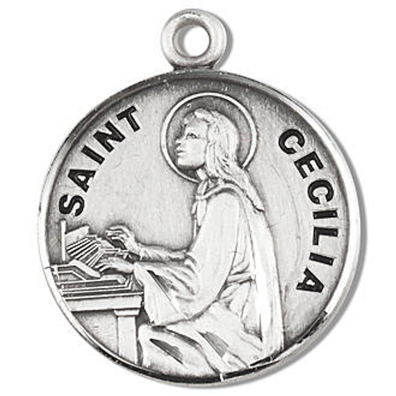 St Cecilia Medal - Sterling Silver - On 18 Stainless Chain - Sterling Silver 7/8 x 3/4 Round Pendant