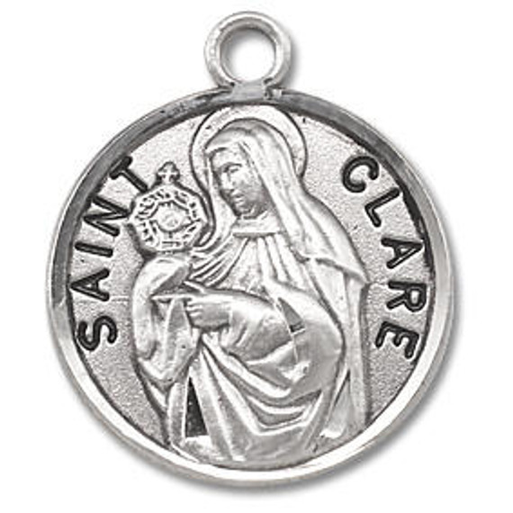 St Clare Medal - Sterling Silver - On 18 Stainless Chain - Sterling Silver 7/8 x 3/4 Round Pendant