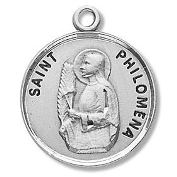 St Philomena Medal - Sterling Silver - On 18 Stainless Chain - Sterling Silver 7/8 x 3/4 Round Pendant