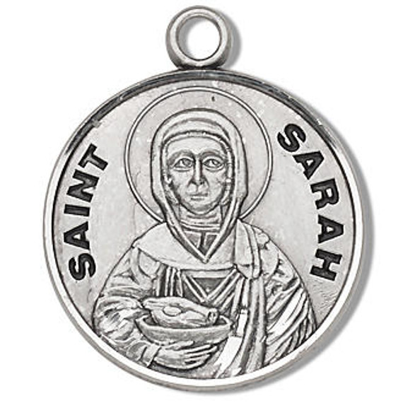 St Sarah Medal - Sterling Silver - On 18 Stainless Chain - Sterling Silver 7/8 x 3/4 Round Pendant