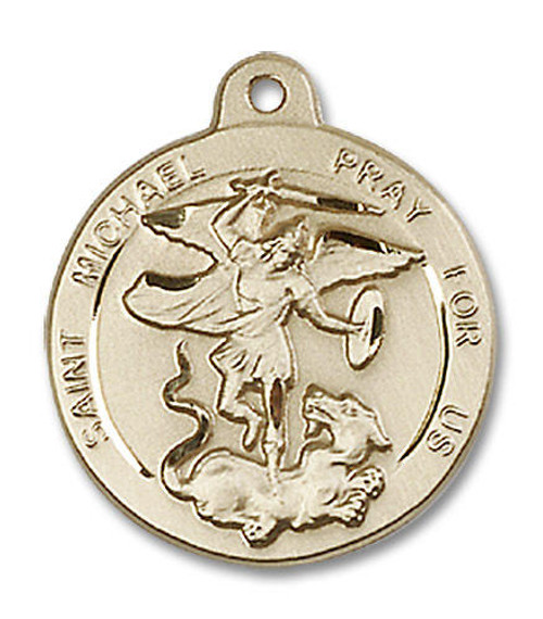 St Michael Pray For Us Medal - 14kt Gold 7/8 x 3/4 Round Pendant 0343