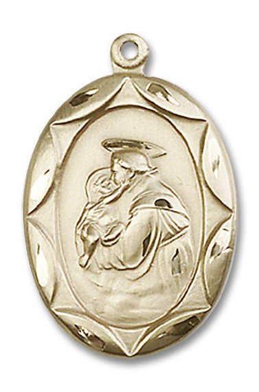 Large Embellished St Anthony Medal - 14kt Gold 1 x 5/8 Oval Pendant 0801D