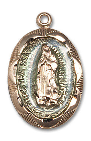 Embellished Blue Our Lady of Guadalupe Medal - 14kt Gold 1 x 5/8 Oval Pendant 0801EF