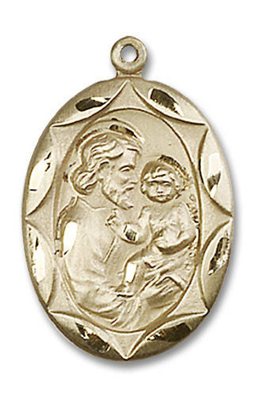 Large Embellished St Joseph Medal - 14kt Gold 1 x 5/8 Oval Pendant 0801K