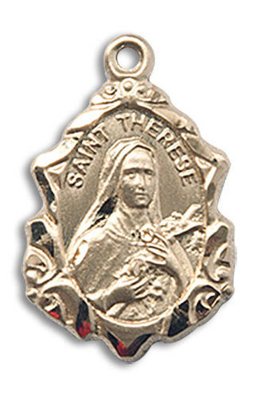 Embellished St Therese of Lisieux Medal - 14kt Gold 7/8 x 1/2 Pendant 0822TE