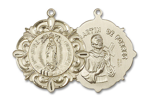 Large Our Lady of Guadalupe and Martin De Porres Medal - 14kt Gold 1 1/4 x 1 1/8 Round Pendant 1197