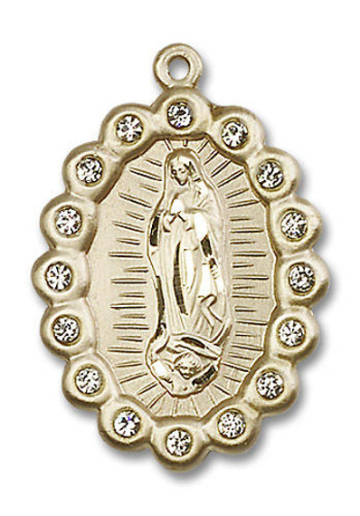 Crystal Bead Encrusted Our Lady of Guadalupe Medal - 14kt Gold Pendant 2 Sizes