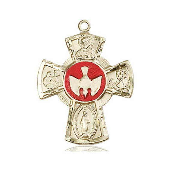 Red Inlay 5-Way Confirmation Medal - 14kt Gold 1 x 3/4 Pendant 2045E