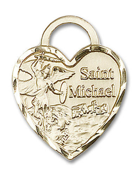 Large St Michael Heart Pendant - 14kt Gold 1 x 3/4 3303