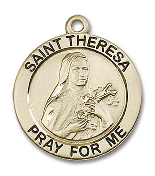 Large St Theresa Medal - 14kt Gold 1 x 7/8 Round Pendant 4087