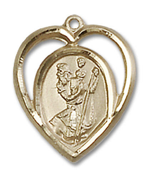 Cut Out Heart Shaped St Christopher Pendant - 14kt Gold 5/8 x 1/2 4127