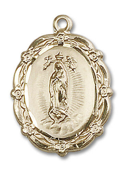 Embellished Our Lady of Guadalupe Medal - 14kt Gold 7/8 x 5/8 Oval Pendant 4146F