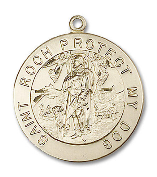 Large St Roch Protect My Dog Medal - 14kt Gold 1 1/8 x 1 Round Pendant 4270