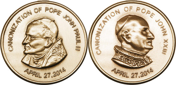 Double Sided St John XXIII/St John Paul II Pocket Piece - 14kt Gold 1 1/2 x 1 1/2 Round Pendant 50-194/195PP