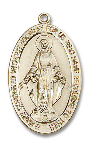Extra Large Miraculous Medal - 14kt Gold 1 5/8 x 1 Oval Pendant 5852