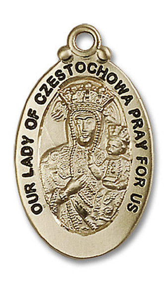 Large Our Lady of Czestochowa and Sacred Heart Medal - 14kt Gold 1 1/8 x 5/8 Oval Pendant 6095