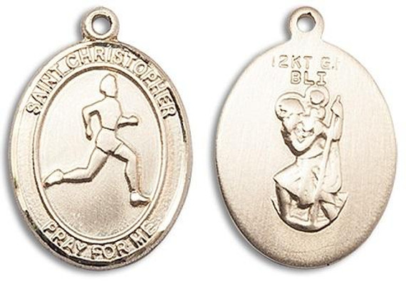 St Christopher Track and Field Medal - 14kt Gold Oval Pendant 3 Sizes