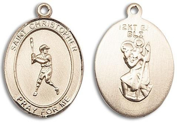 St Christopher Baseball Medal - 14kt Gold Oval Pendant 3 Sizes